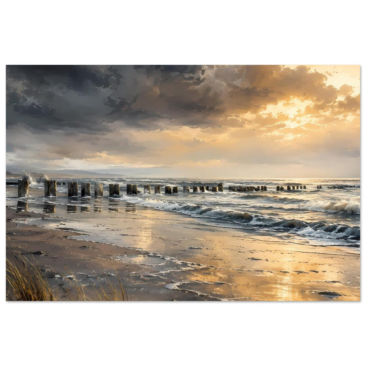 Poster mit Küstenlandschaft bei Sonnenuntergang, Wellenlauf und Holzpfählen am Strand