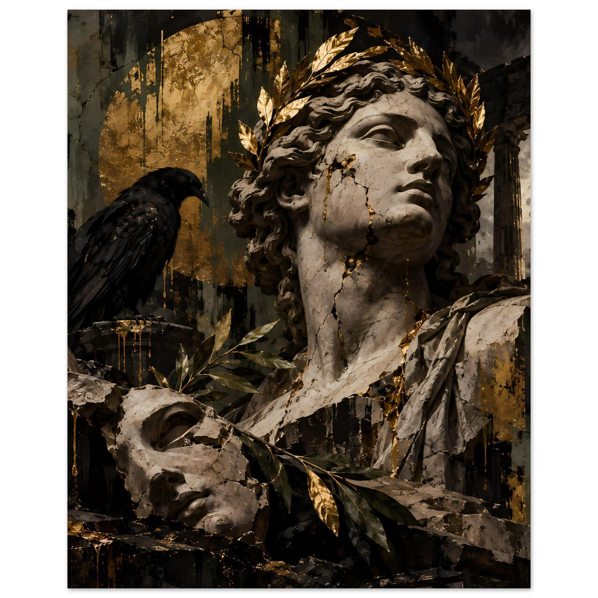 Barock inspiriertes Poster im Hochformat: Statue mit Lorbeerkranz, Rabe und Goldspuren