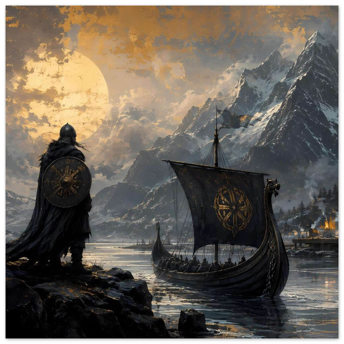 Wikinger-Poster: Vikingfigur links, Drachenboot rechts, fjordartige Wasserfläche und Berge