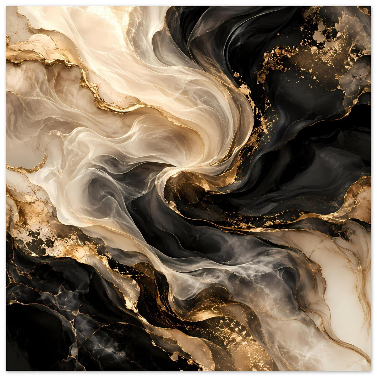 Abstraktes Poster im Querformat mit schwarzen Wirbeln, goldenen Sprenkeln und weißen Rauchbahnen