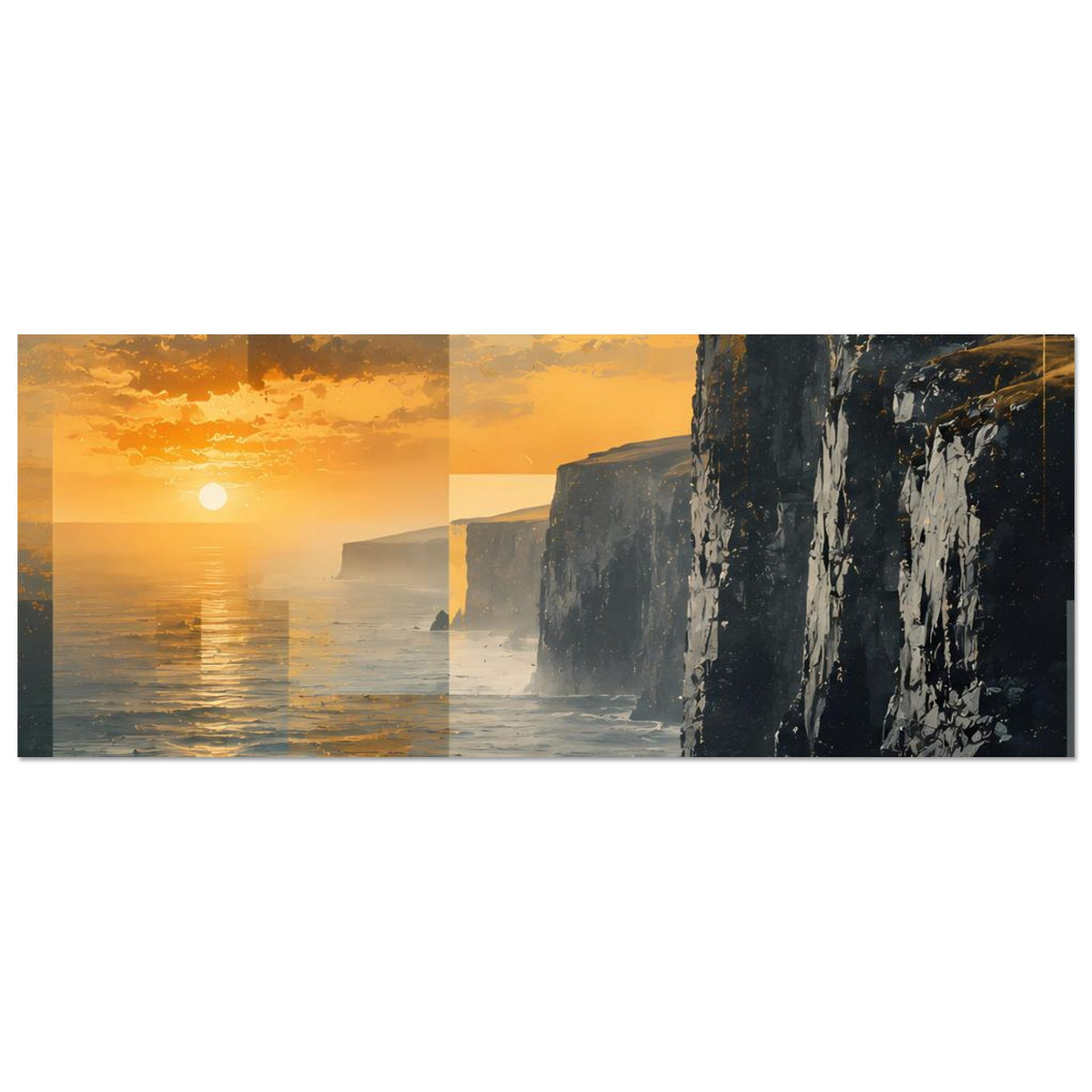 Querformatiges Poster mit Sonnenuntergang über Meer, Felsklippen rechts, goldene Wolken