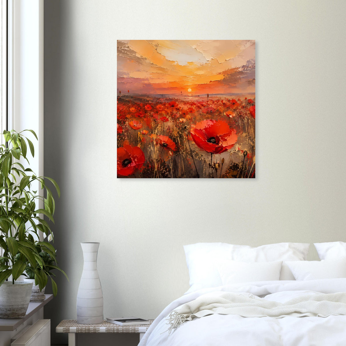 Quadratisches Poster mit Sonnenuntergang über rotem Mohnfeld und roten Blüten