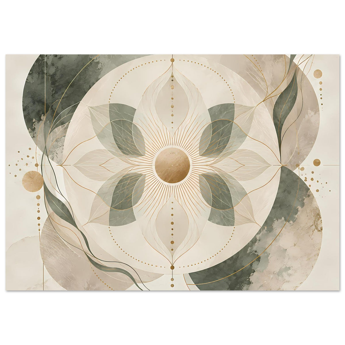 Breites Zen-Poster: zentrale beibeige Mandala mit Grünflächen und goldenen Verzierungen