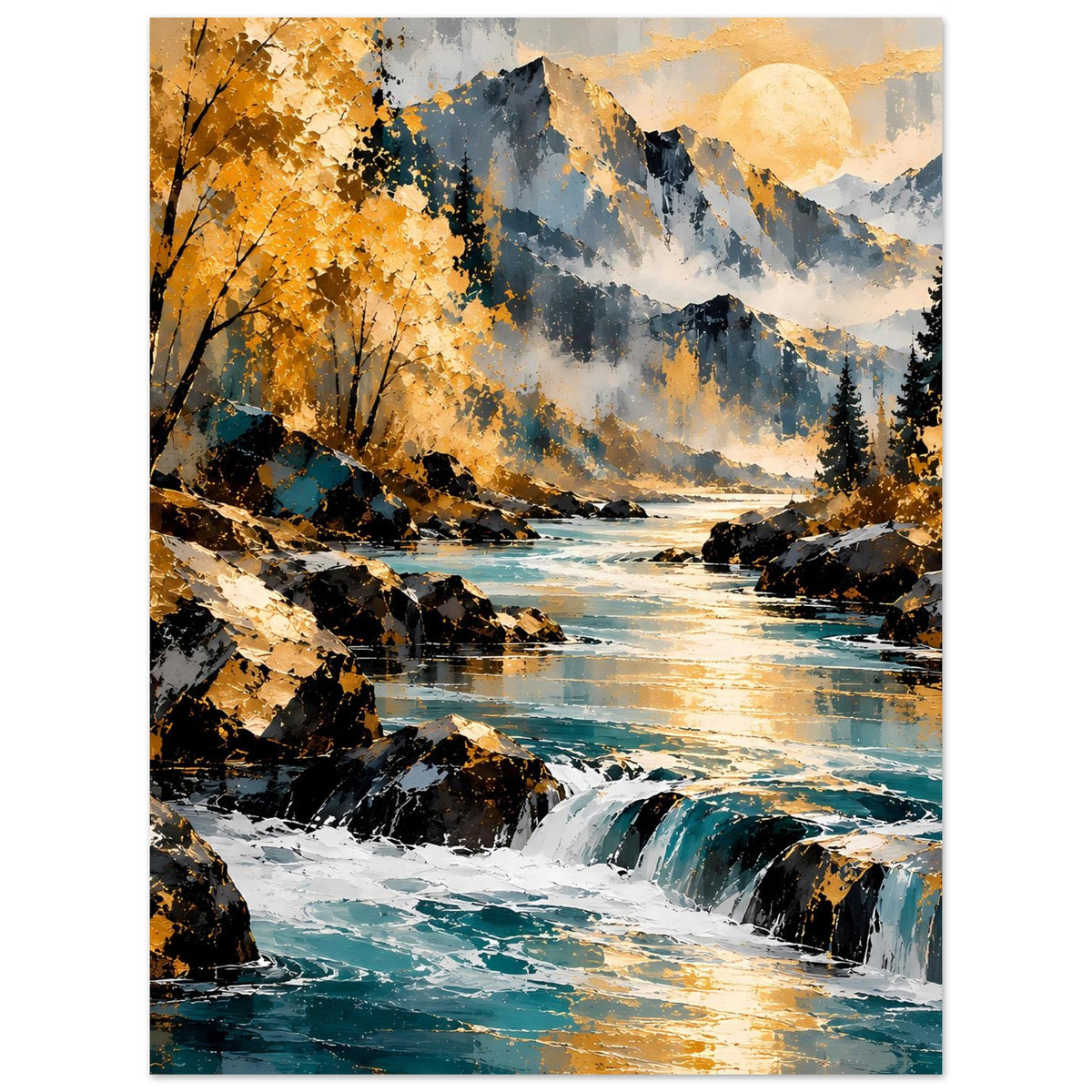 Poster Herbstlandschaft mit Fluss und Wasserfall, Felsen, orange-gelbes Laub und Tannen