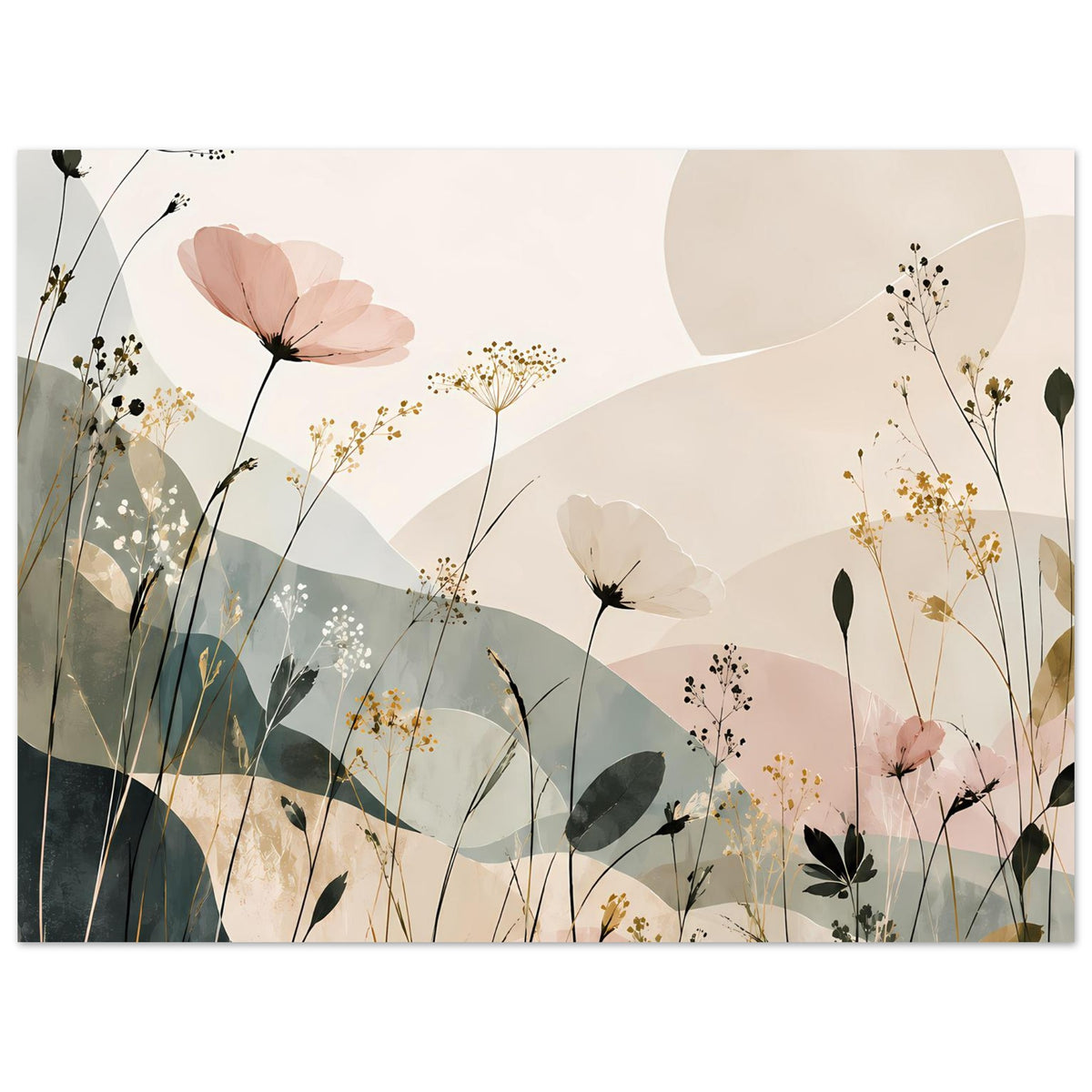 Großformatiges Blumen-Abstract-Poster mit Blüten, Gräsern und Blättern in sanften Farben