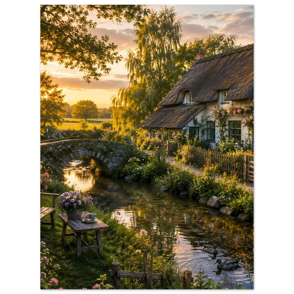 Poster mit Bachlauf, Steinbrücke, Reetdachhaus, Banktisch und Blumen