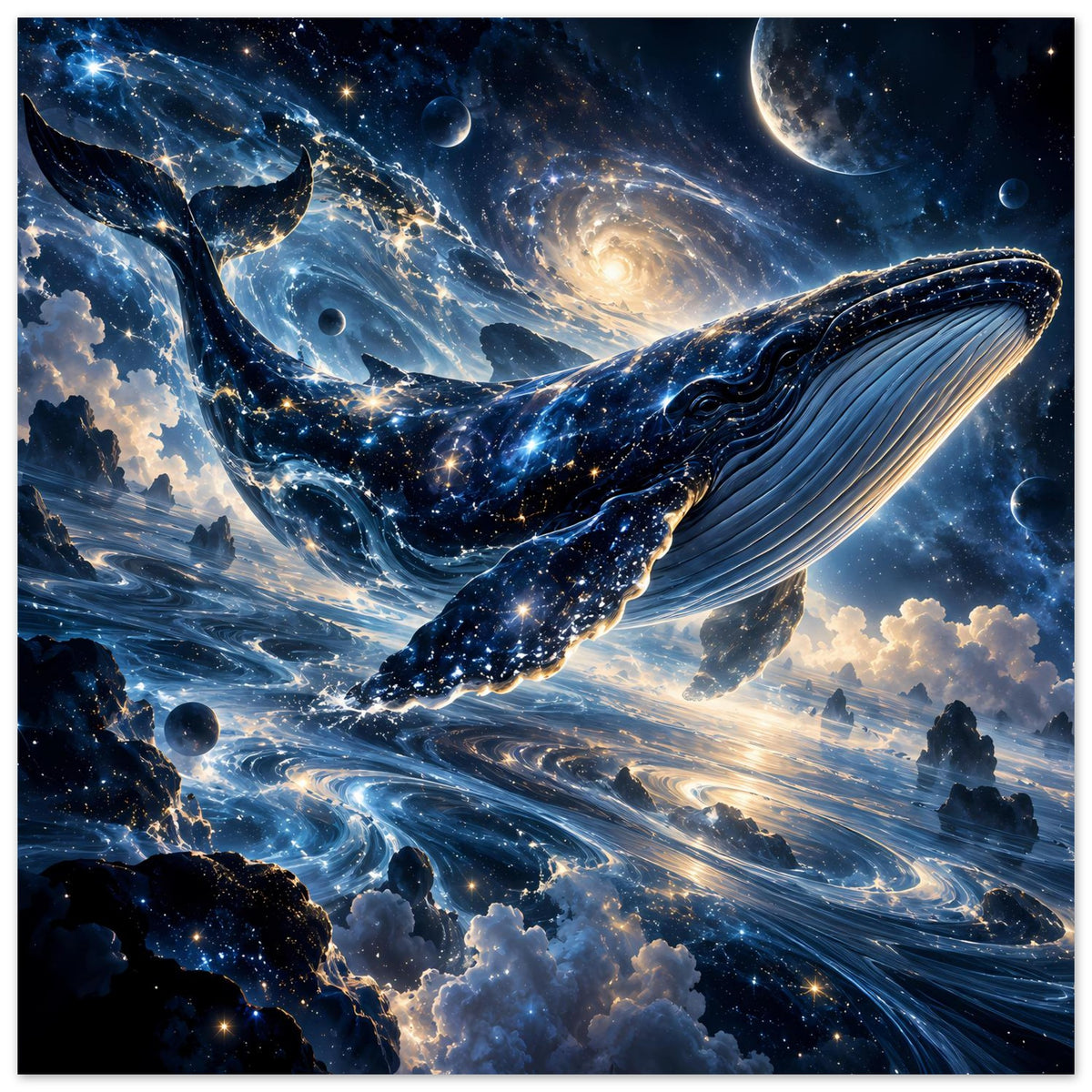 Kosmisches Fantasy-Poster: Wal mit Flossen aus Sternen, umgeben von leuchtenden Planeten
