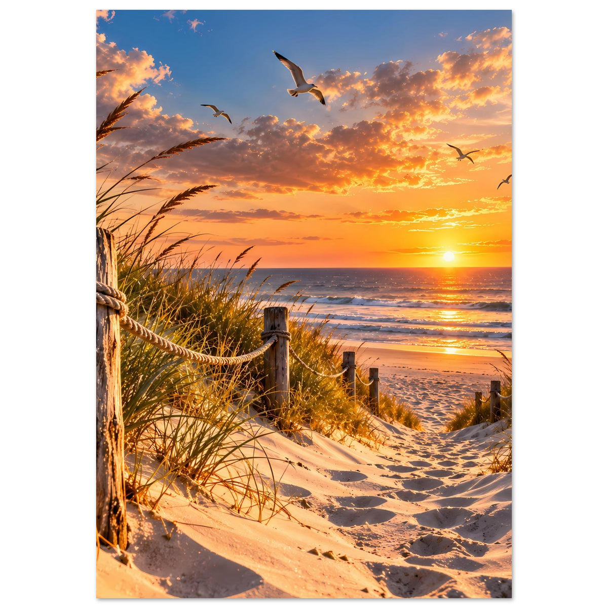 Strandposter mit Sonnenuntergang, Sanddünen, Schilfgras und Möwen über dem Meer