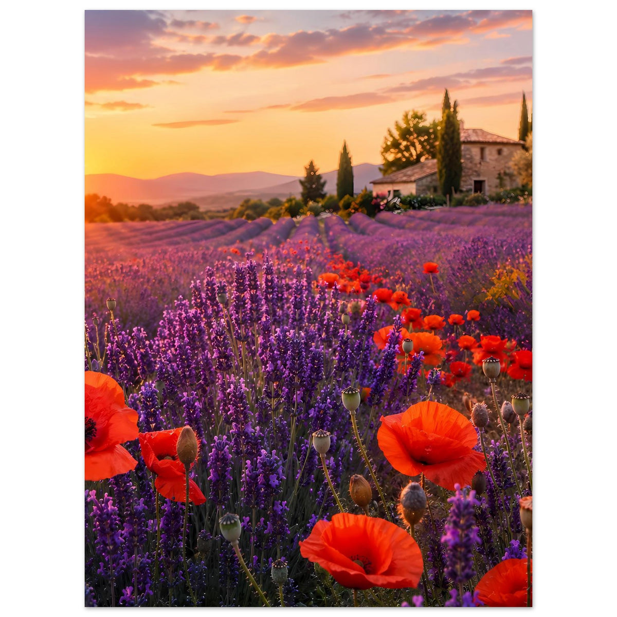 Blumenposter im Hochformat: Lavendelfeld mit roten Mohnblüten und Gebäude im Dämmerlicht