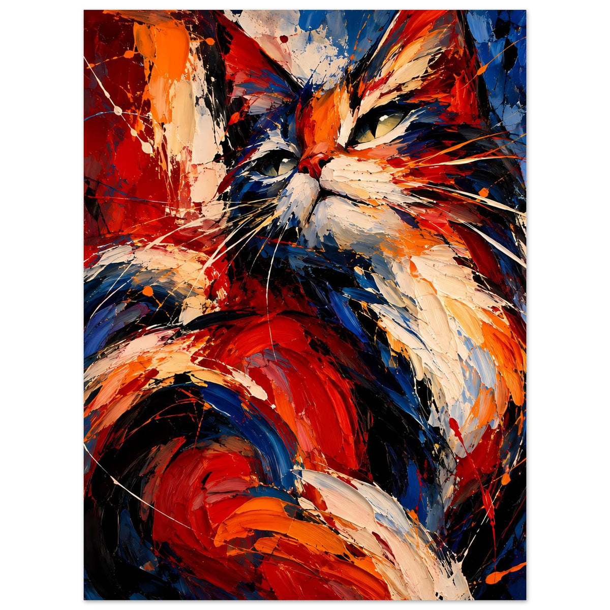 Abstraktes Katzenposter, zentriertes Katzengesicht: Rot-Blau-Orange mit Spritz-Details