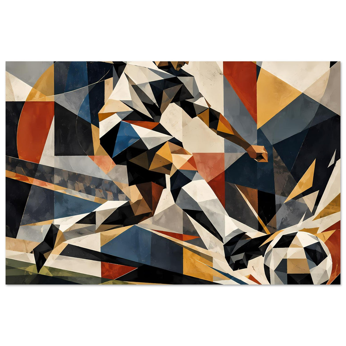 Poster Fußballspieler im geometrischen Stil, dynamische Schussbewegung, Fußball im Vordergrund