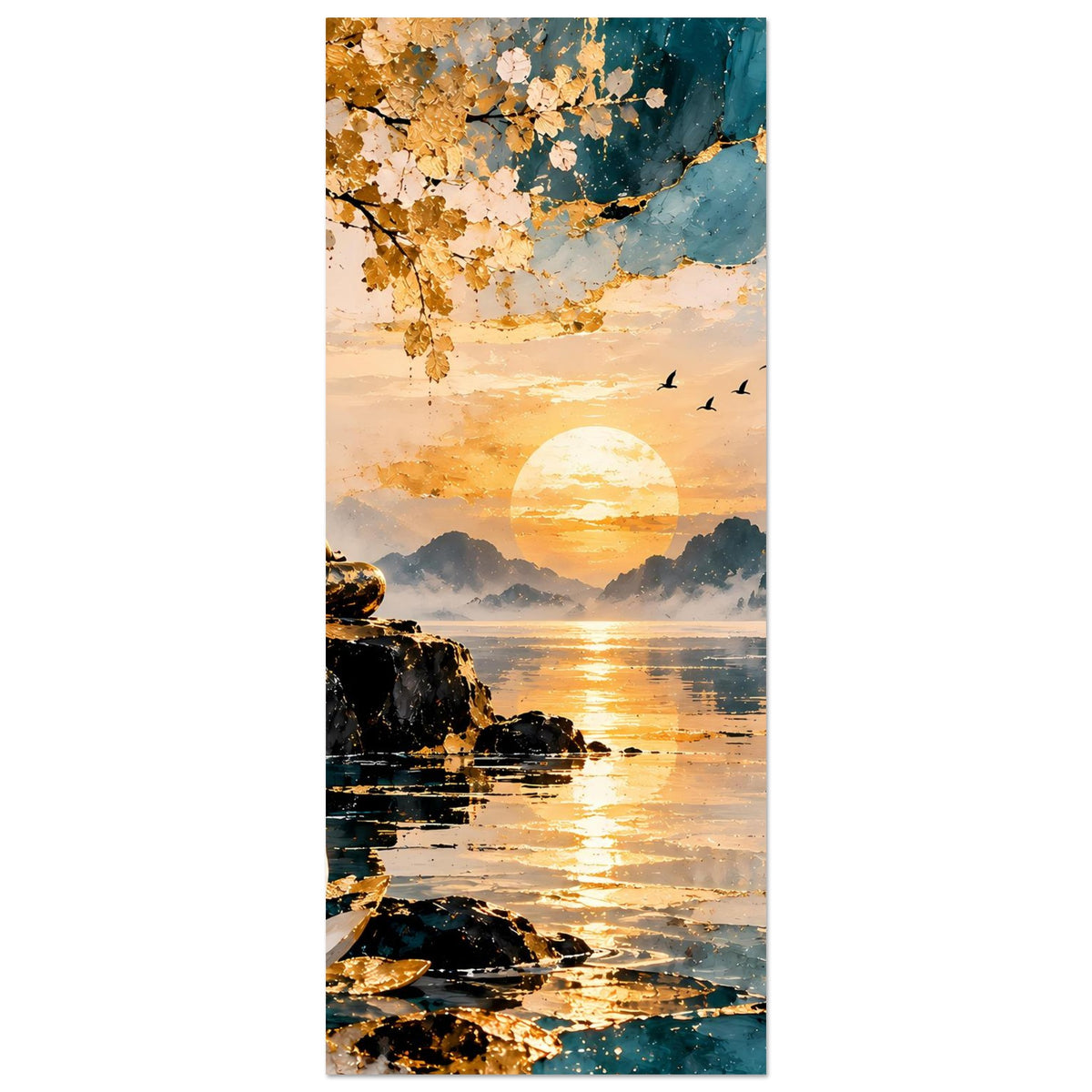 Zen-Poster im Hochformat: Buddha am Ufer, Lotusseerand, goldene Sonne und blaue Wolken