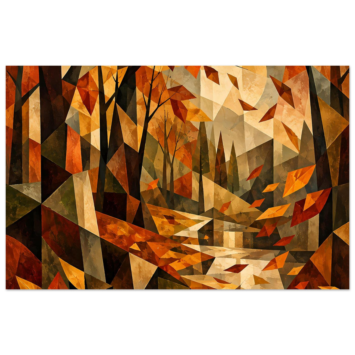 Herbstlandschaft-Poster im Kubismus-Stil, kräftige Orange- und Brauntöne, abstrakte Bäume, horizontal