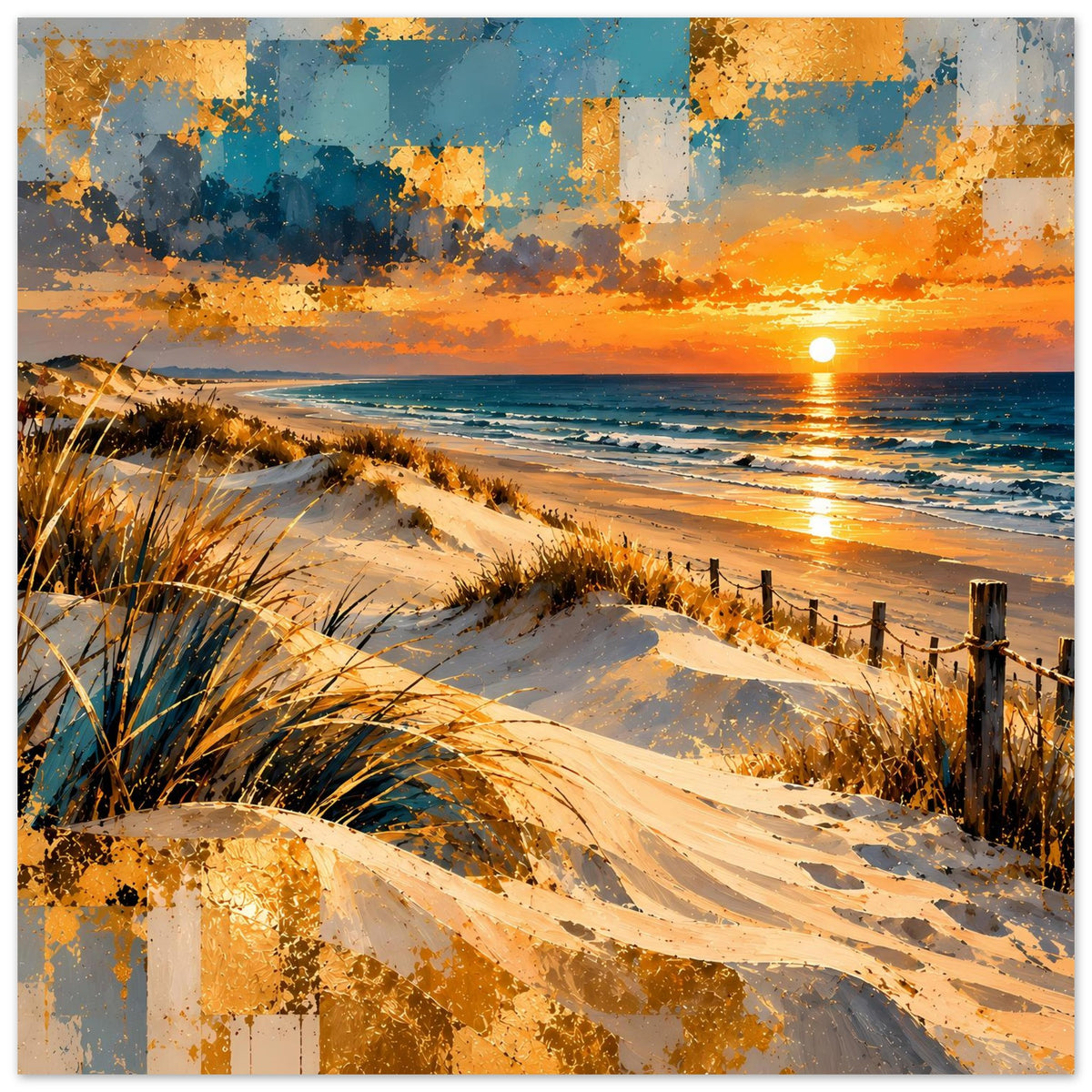 Strandposter Sonnenuntergang mit Düne, Sandpfad, Gräsern und Meer auf hellem Orange Hintergrund