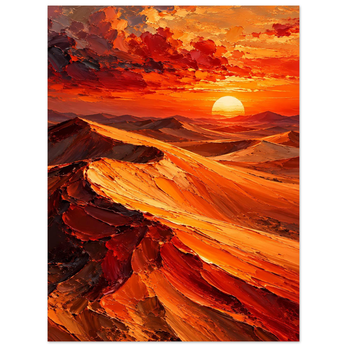 Hochformat-Poster Wüste im Sonnenuntergang, kräftige orangefarbene Dünen und Sonne