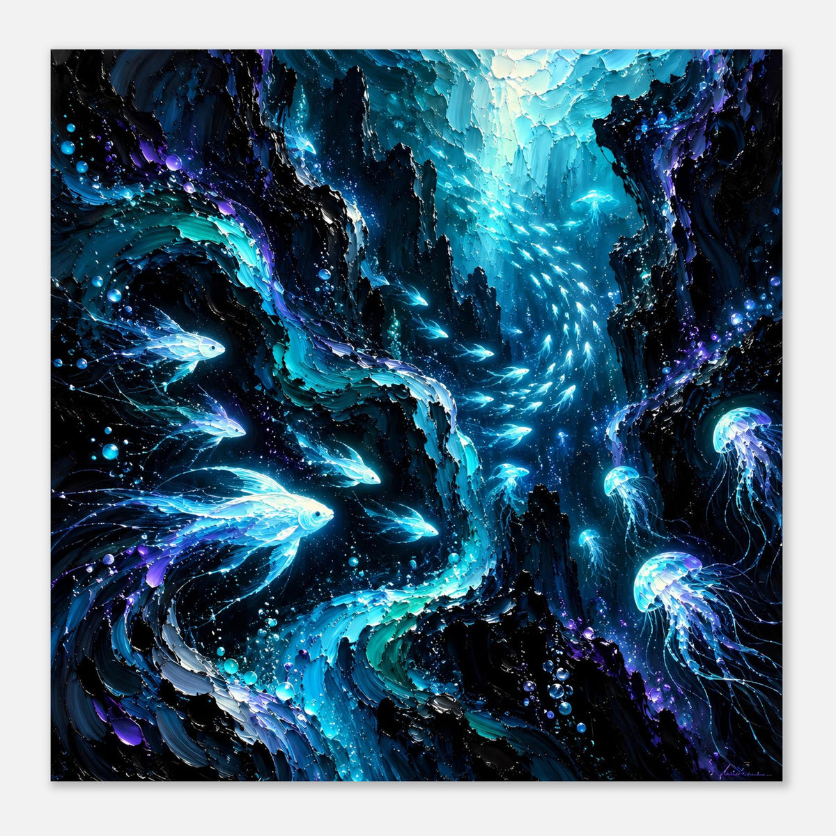 Leuchtendes Unterwasser-Poster im Hochformat: blaue Fische, Quallen und strahlender Lichtkegel