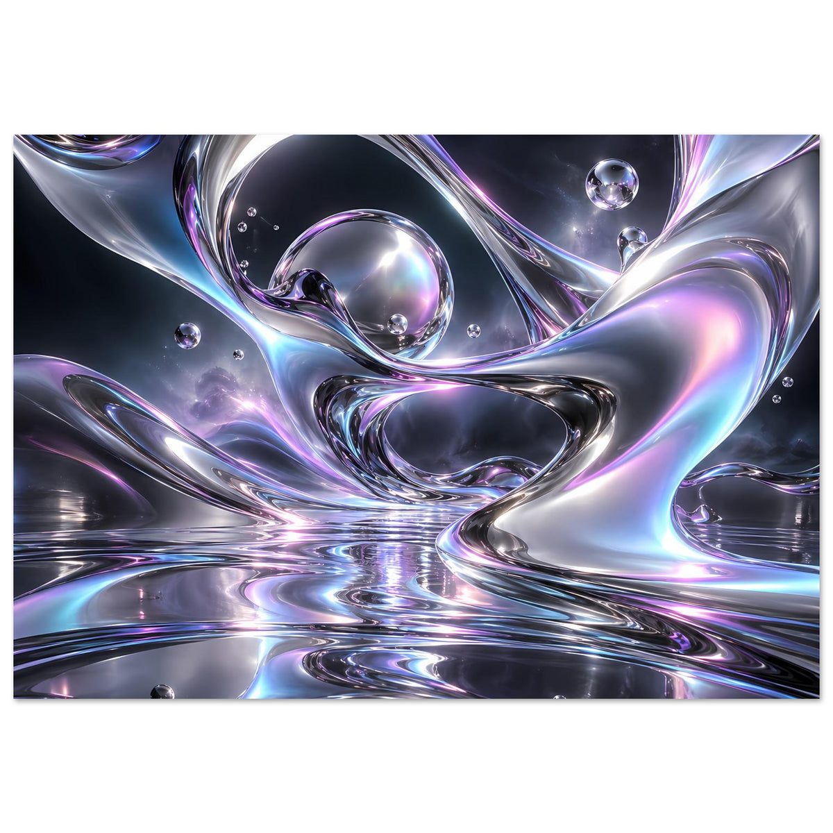 Poster im Querformat mit glänzendem Liquid-Chrome Muster, silbern-violette Wirbel und Tropfen