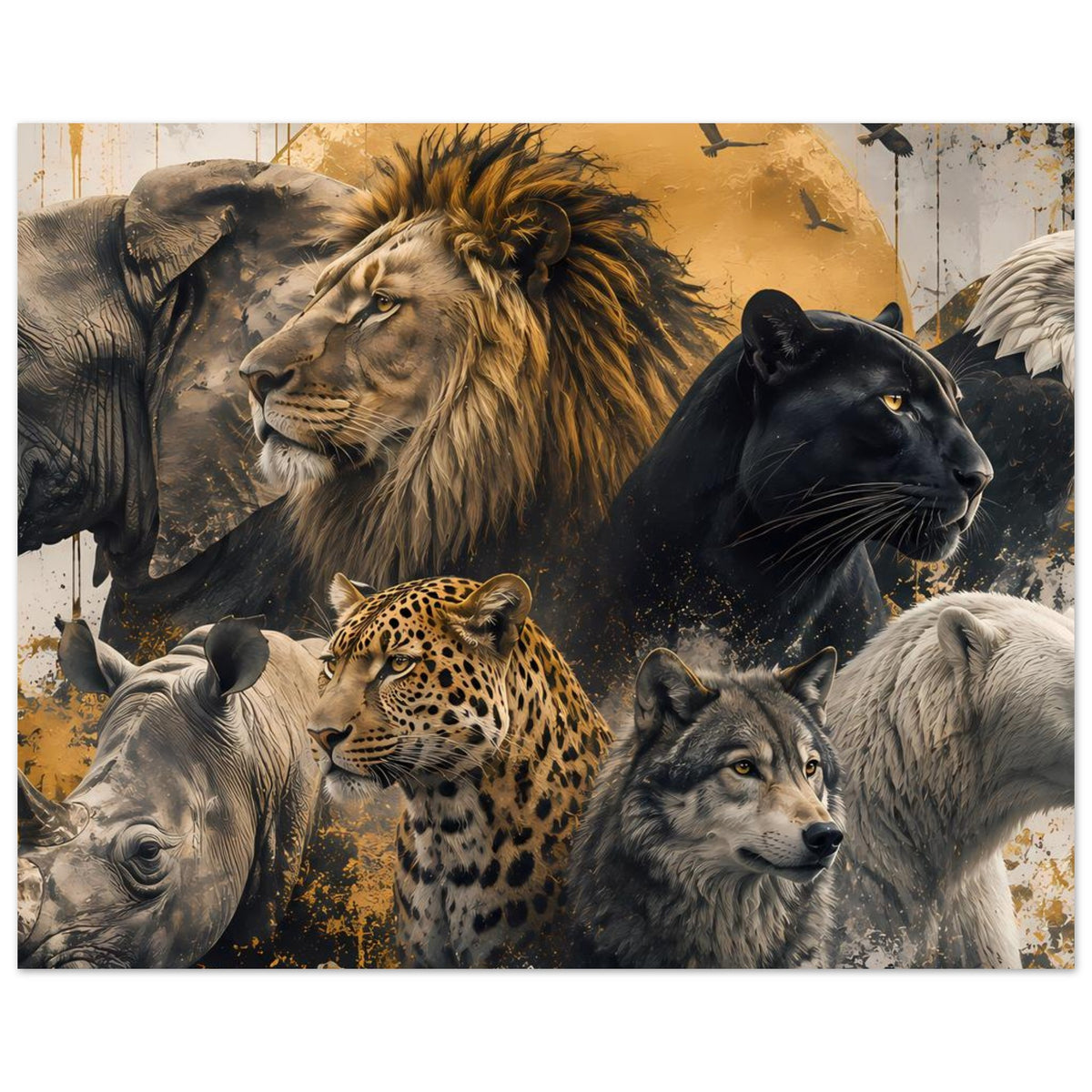 Wildtier-Poster mit Löwe, Panther, Leopard und mehreren Wölfen in Gold/Schwarz