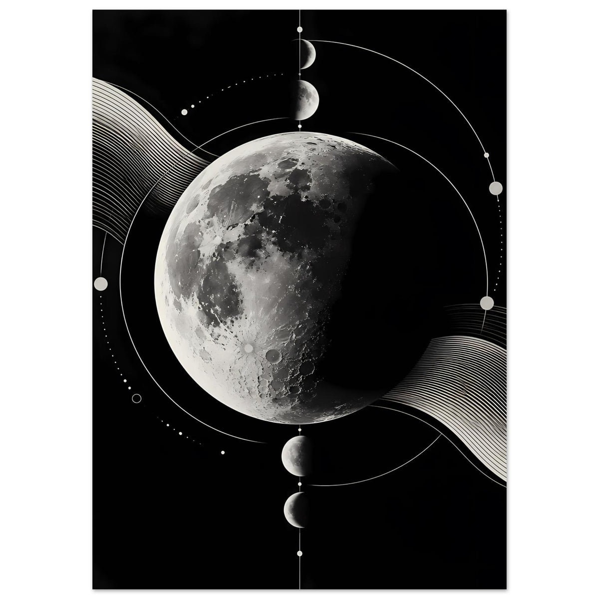 Poster mit Mondphasen: silbergrauer Mond im Zentrum, umrahmt von Kreisen, Punkten und Wellen
