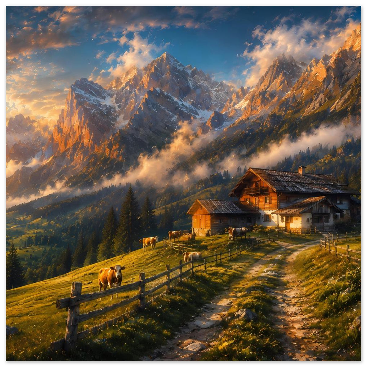 Poster mit Almhütte, Kühen am Weidezaun und Berglandschaft mit Abendwolken