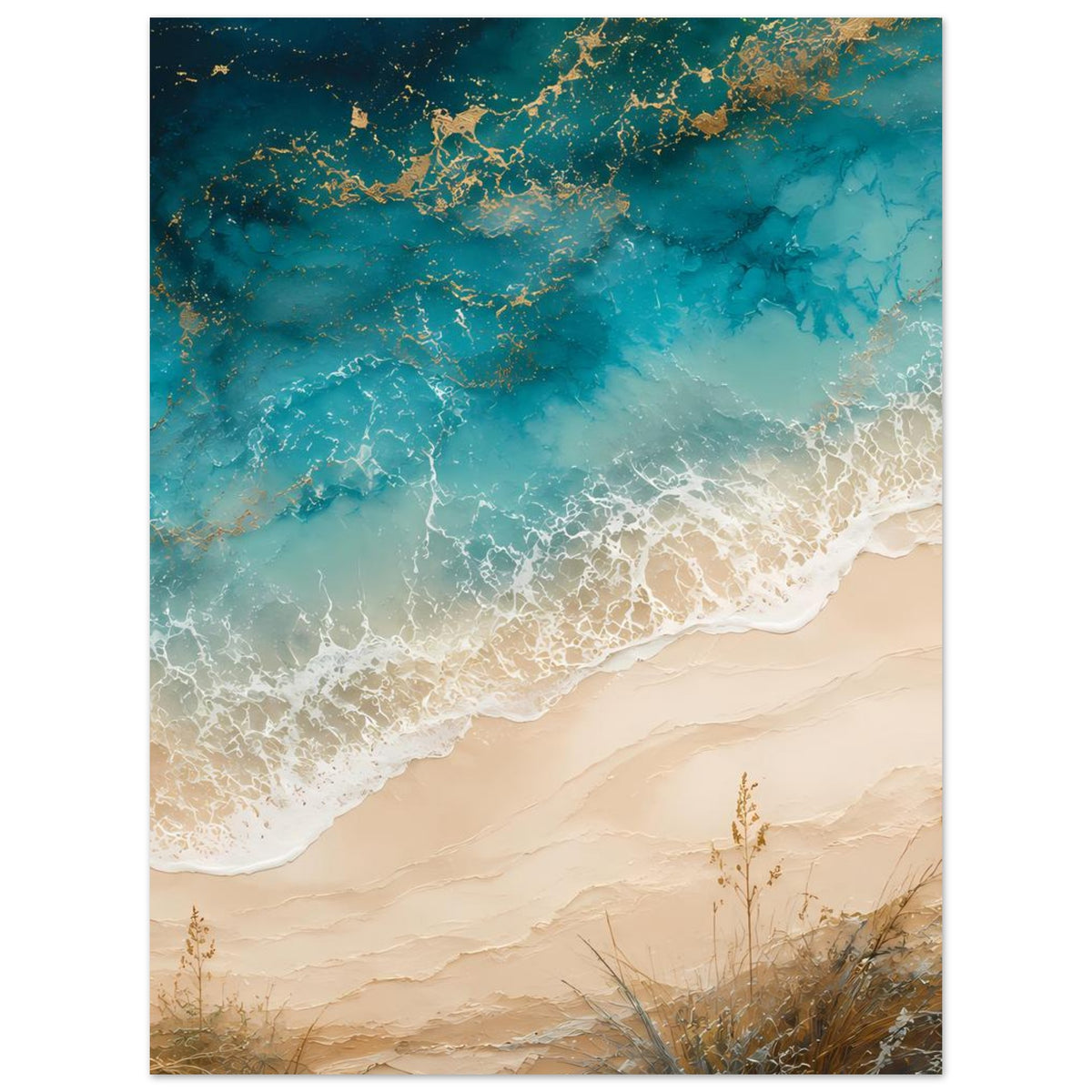 Küstenposter mit türkisblauem Meer, goldenen Akzenten und weißem Wellenband