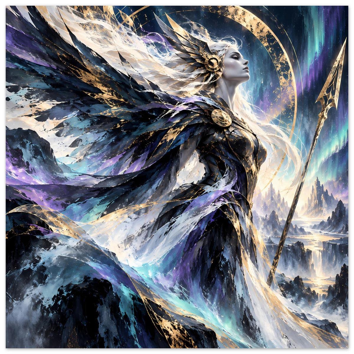 Fantasy-Göttinnenposter mit Flügeln und goldenem Kreis, lila-blaues Leuchten und Nebel