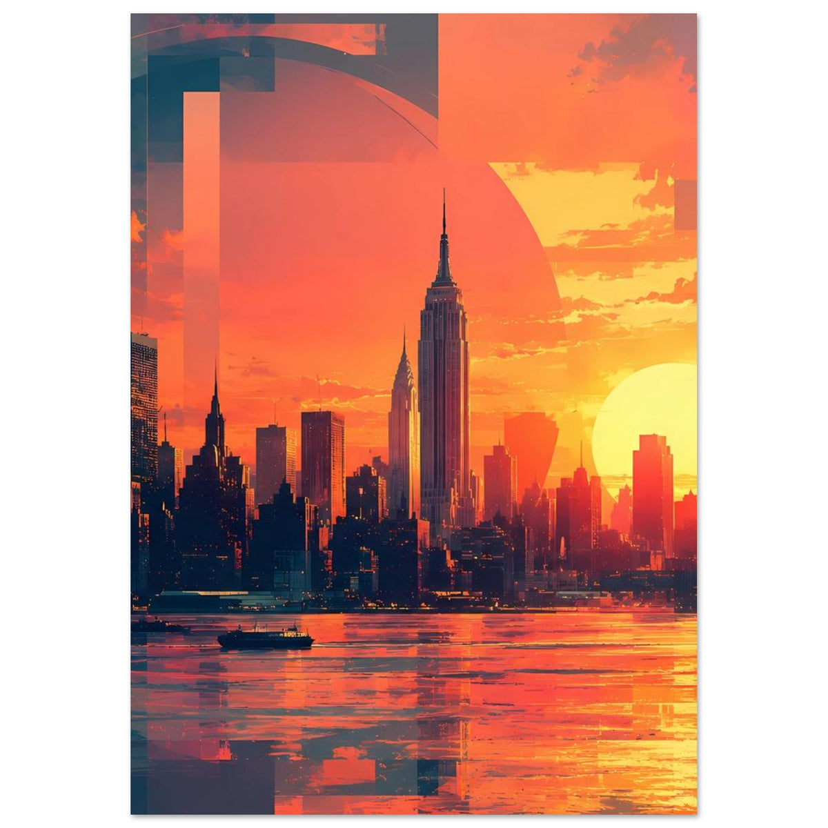 Vertikales Poster mit Stadtansicht bei Sonnenuntergang, großer Sonne und Reflexion am Wasser.