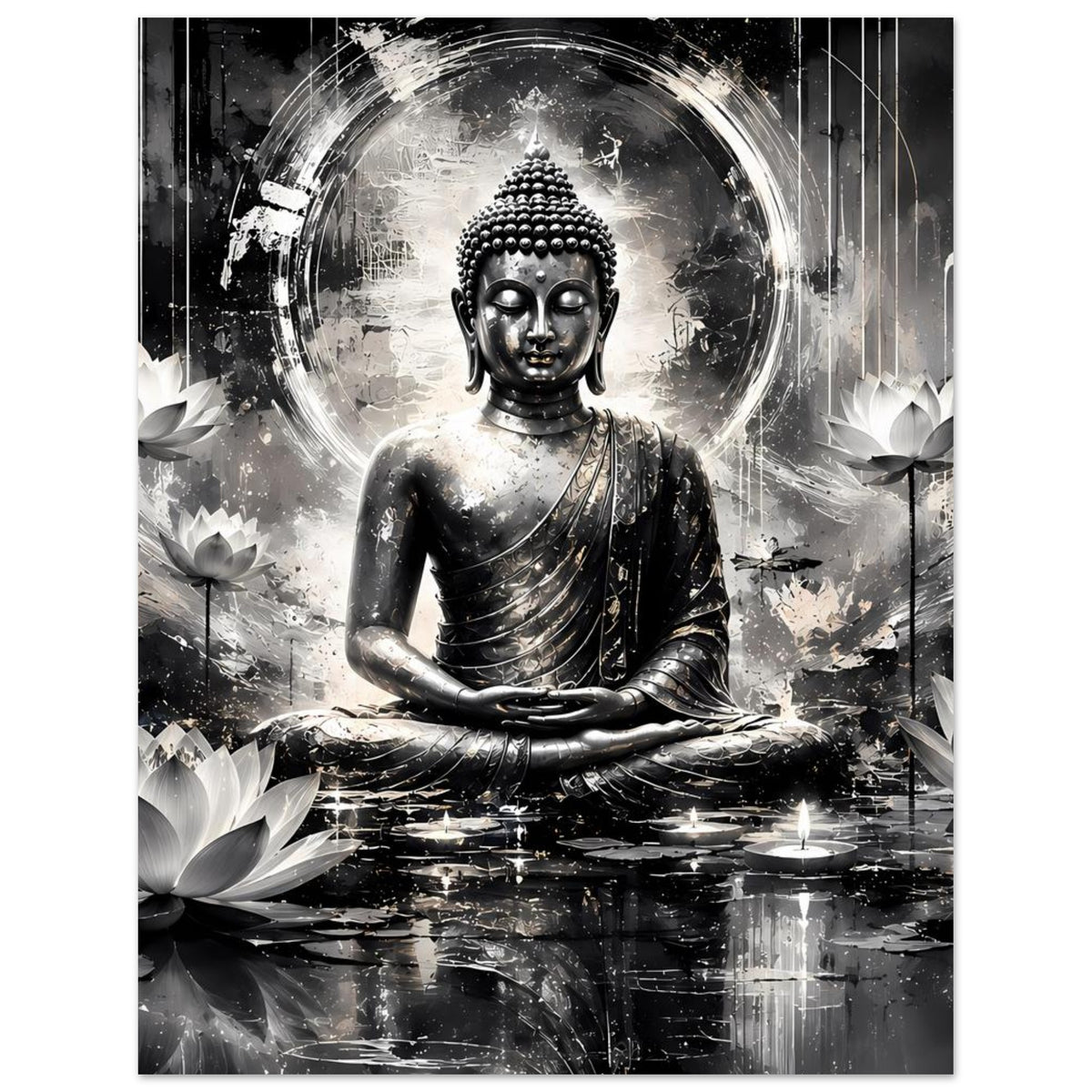 Buddha-Kunstposter in Schwarz-Weiß, frontal sitzender Buddha mit Mandorla und Spiegelungen