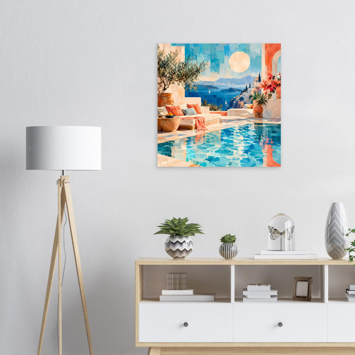 Poster mit mediterraner Pool- und Küstenlandschaft, blaues Wasser