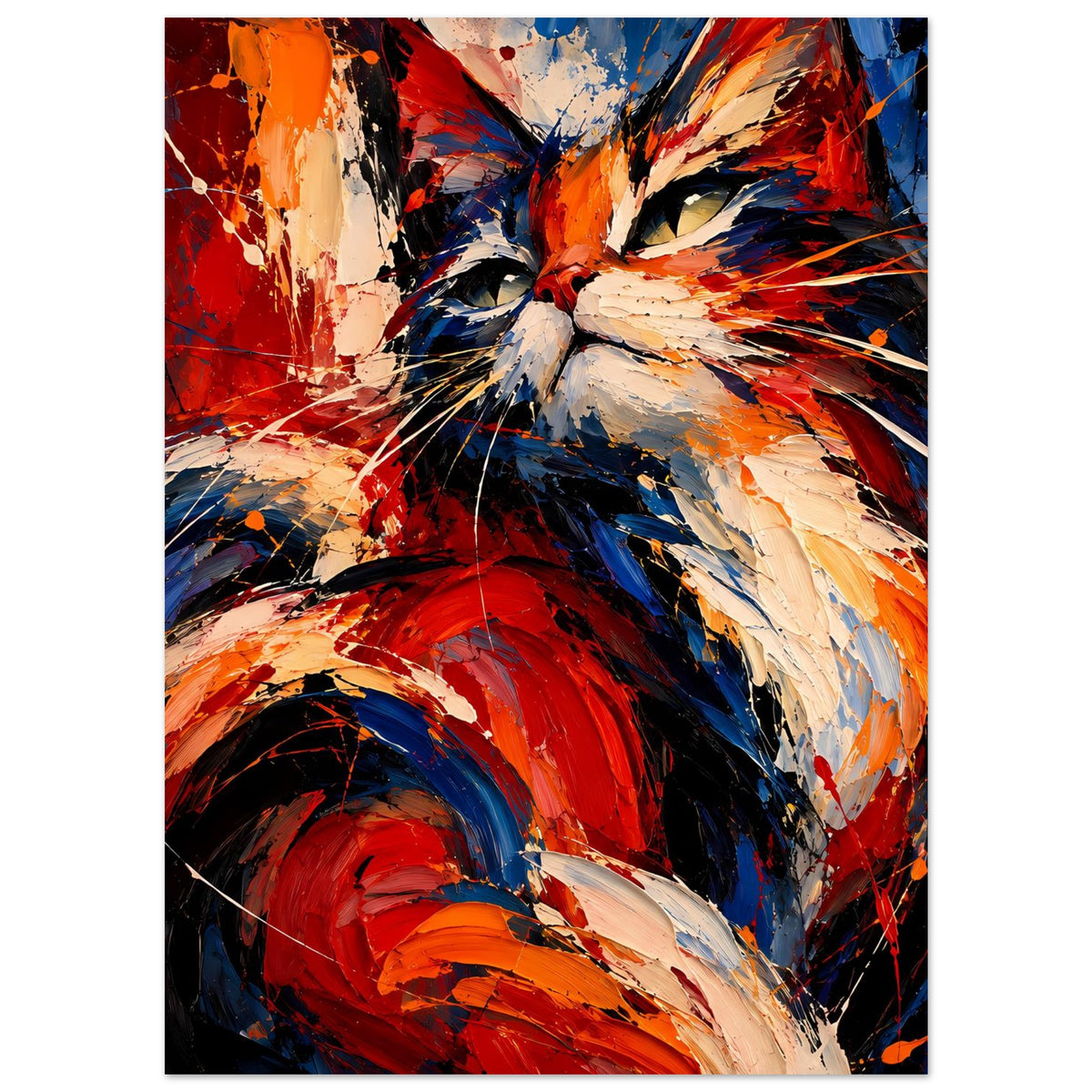Abstraktes Katzenposter, vertikal mit dynamischen Pinselstrichen in Rot, Blau und Creme