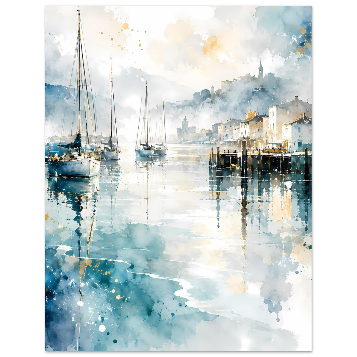 Aquarell-Poster: Segelboote im Hafenbecken, blaue Wolken und helle Spiegelungen