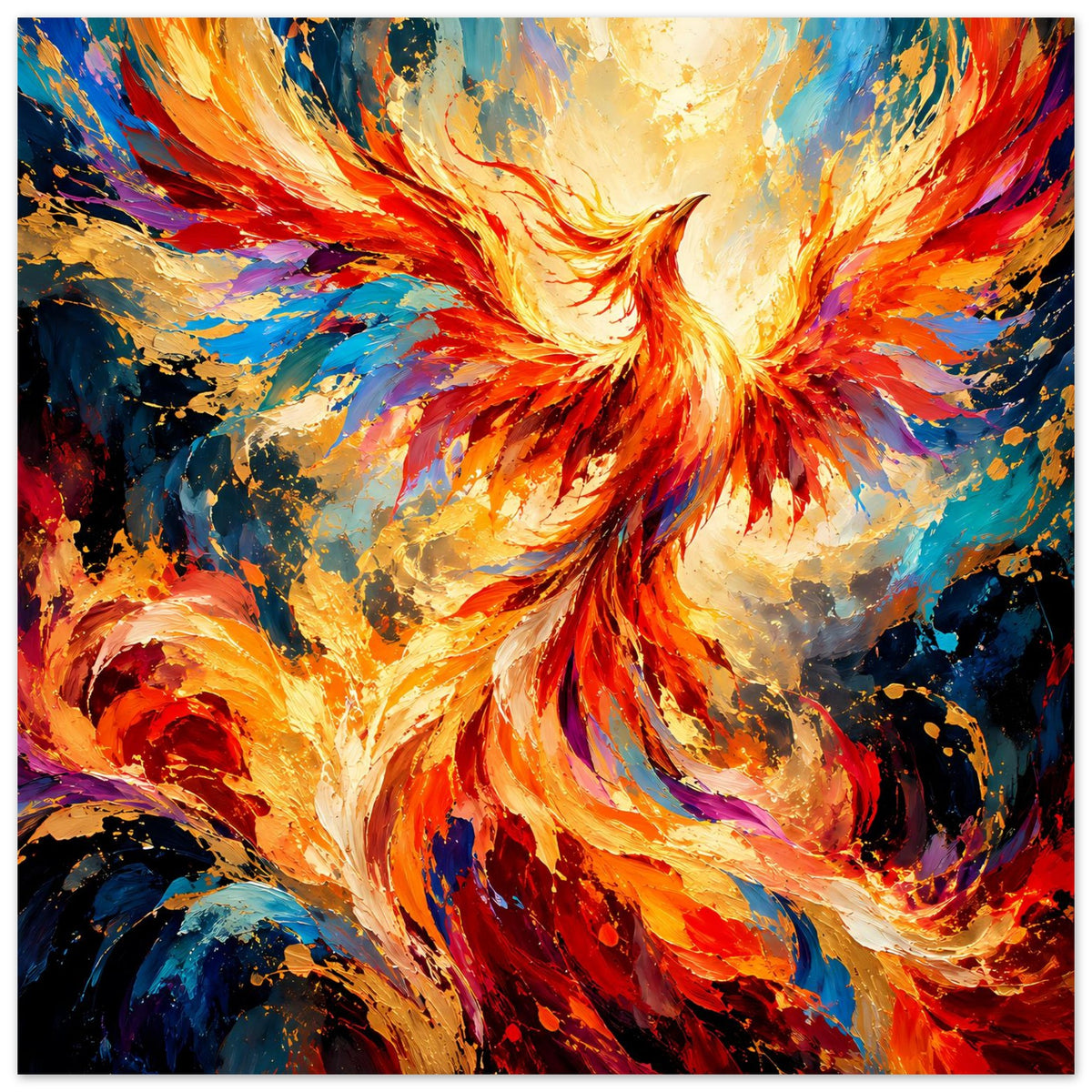 Quadratisches Phönix-Porträt-Poster, Farbexplosion rund um den Vogel