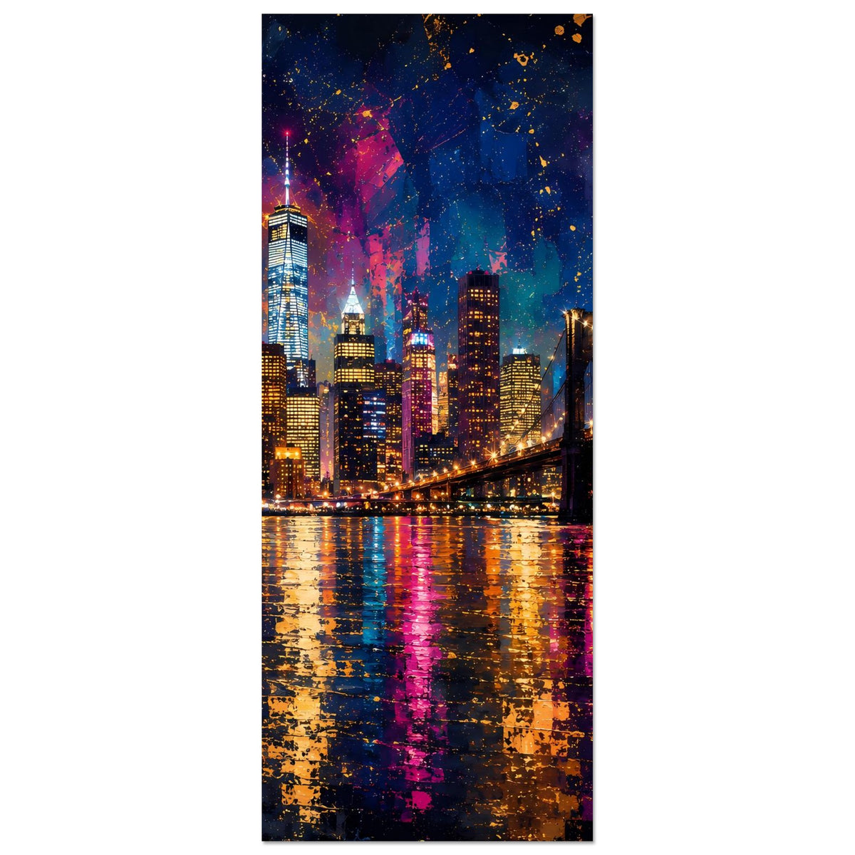 Abstraktes Stadtposter (Hochformat) mit Stadt-Skyline und Hängebrücke, Lichter im Fluss