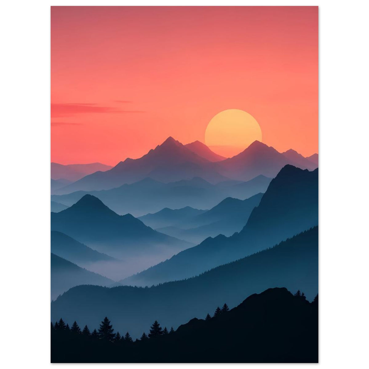 Hochformat-Landschaftsposter: Sonnenuntergang über tiefblauen Bergen und dunklen Tannen