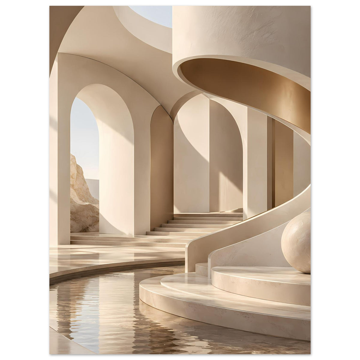 Poster mit beigem Architekturmotiv, Reihen hoher Bögen und rundem Wasserbecken