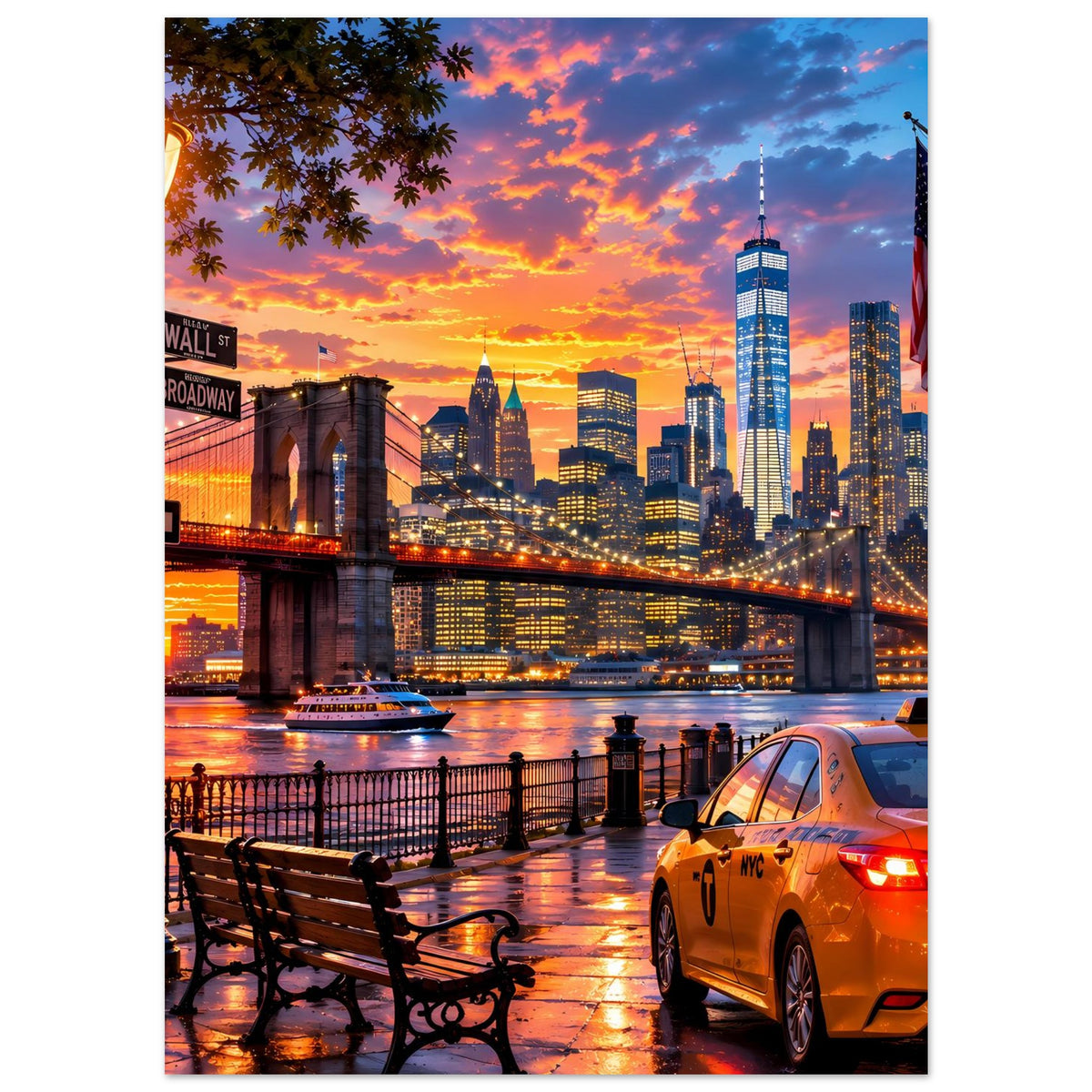 Poster mit New York City Skyline bei Sonnenuntergang, Brücke, gelbes Taxi und Sitzbank
