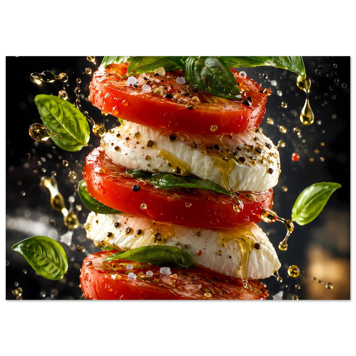 Horizontales Küchenposter mit Tomate‑Käse‑Stapeln, grünen Basilikumblättern und Gewürzspritzern