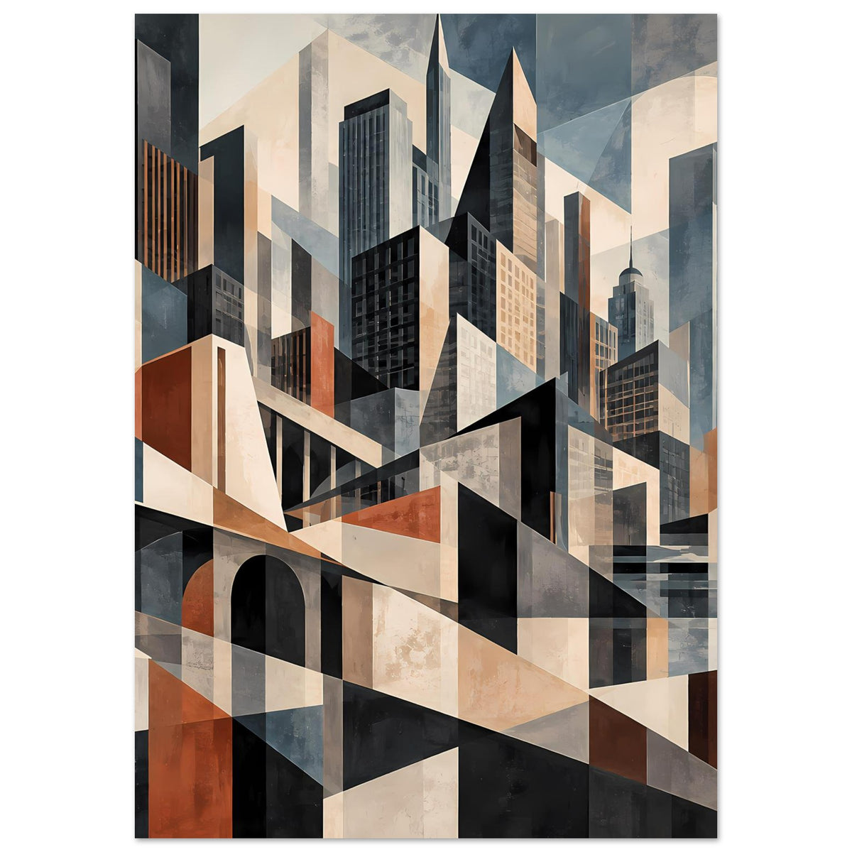 Architekturposter im Hochformat mit geometrischem Stadtbild und kontrastreichen Gebäudeflächen