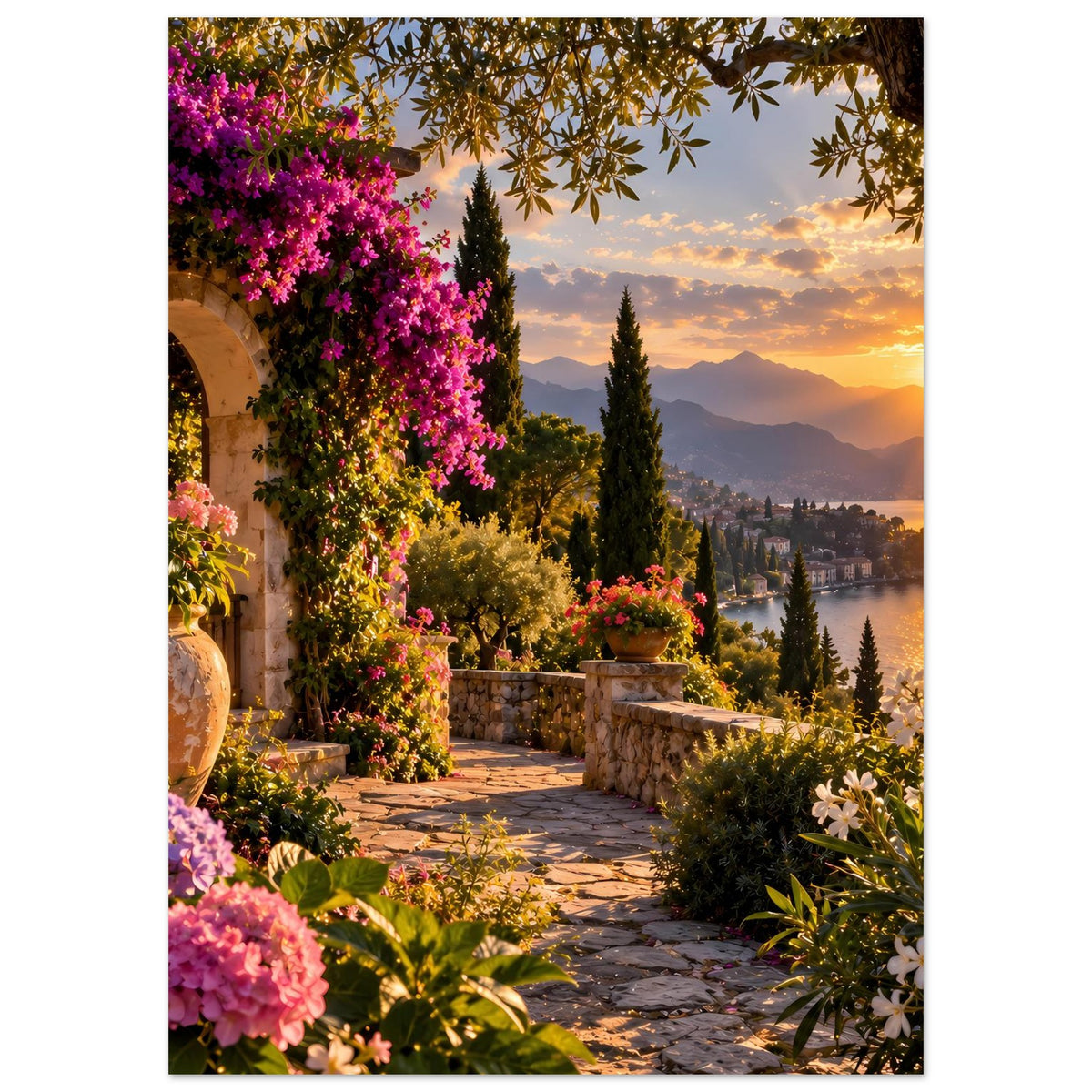 Vertikales Poster mit Blumen, Steinterrasse und Sonnenuntergang mit Blick ins Tal
