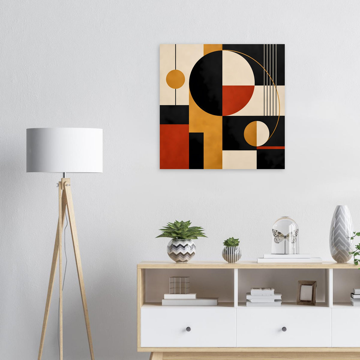 Abstrakter Kunstdruck mit geometrischen Kreisen und Rechtecken in Schwarz, Rot und Beige.