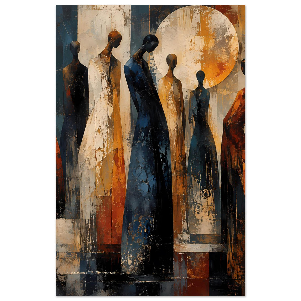 Abstraktes Poster: stehende Figuren in Blau, Orange und Weiß, mit großer orange Kreisform