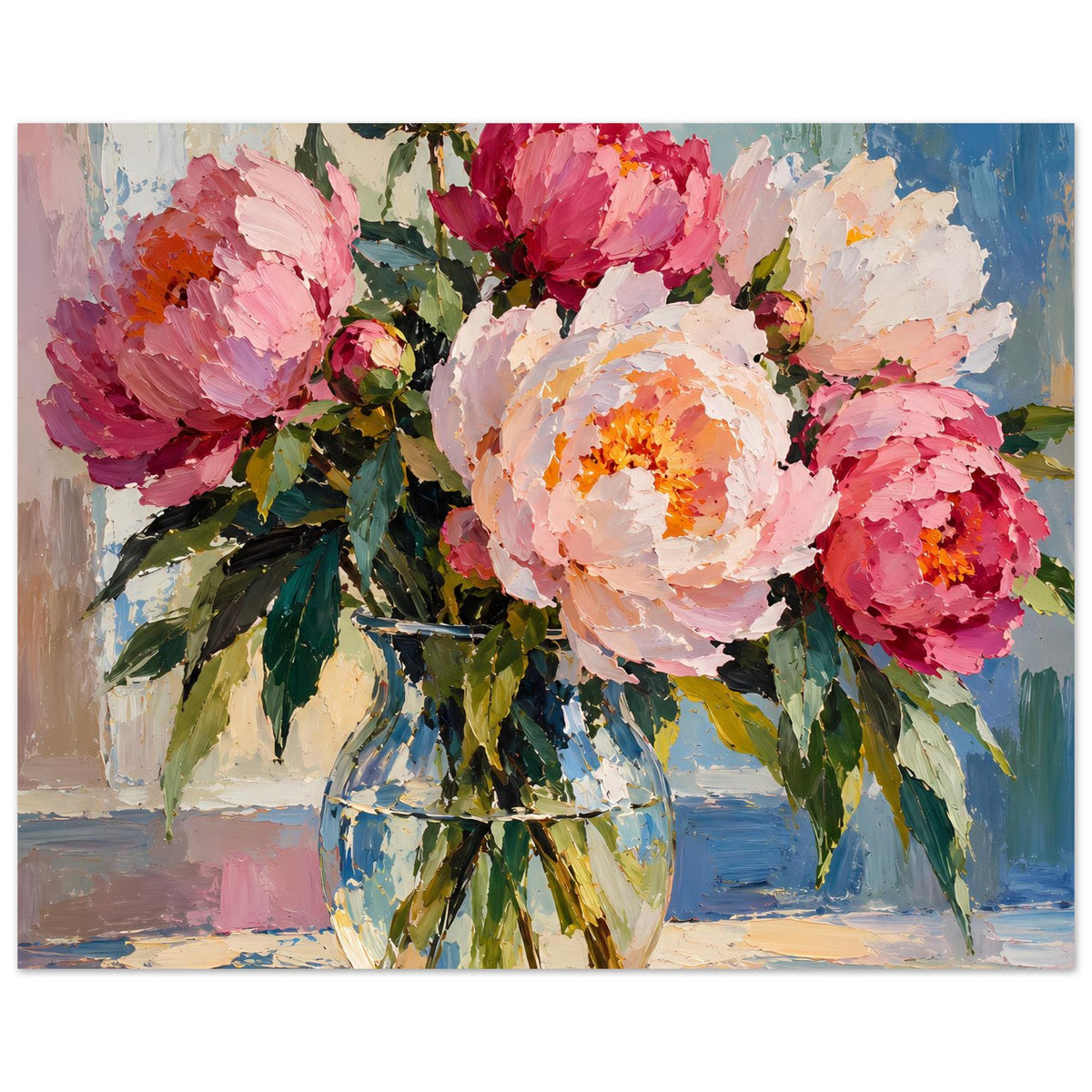 Blumenposter mit Pfingstrosenstrauß in Vase, Ölmalerei-Stil, breites Format