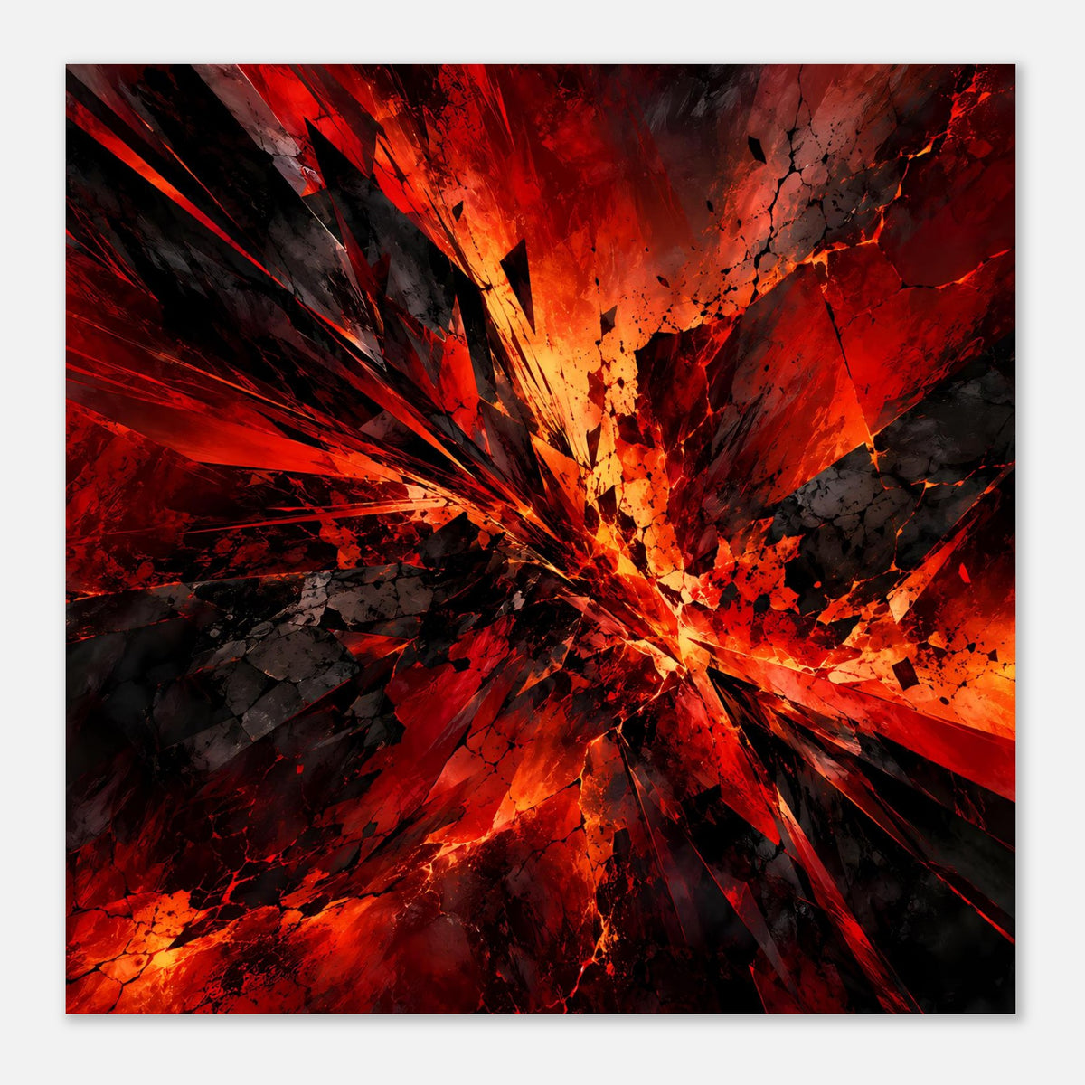 Abstraktes Poster: konzentriertes Burst-Muster in Rot, Orange und Schwarz, kräftige Linien