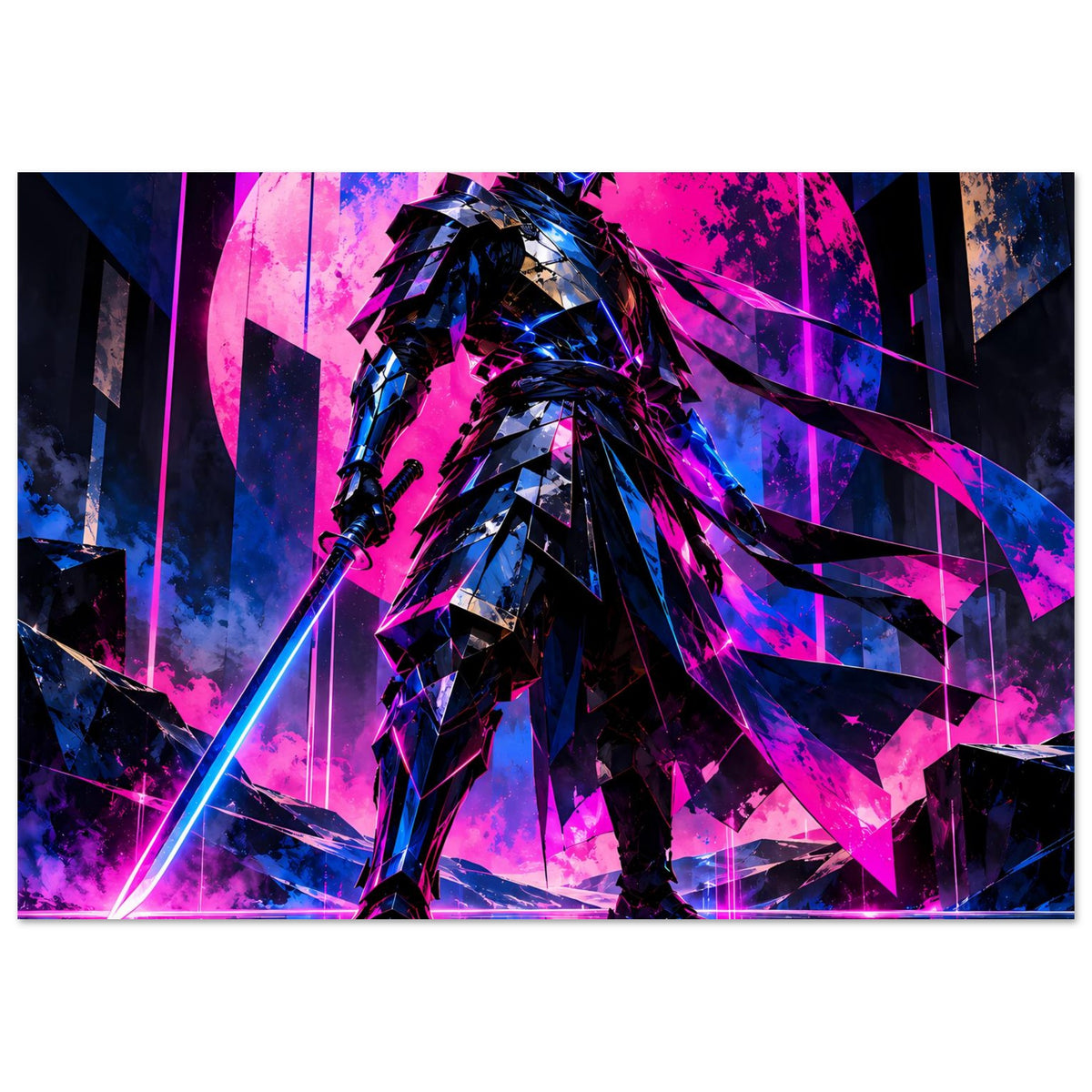 Neon-Cyberpunk-Poster (quer): gepanzerter Krieger in Pink-Blau, Schwert und Neon-Linien
