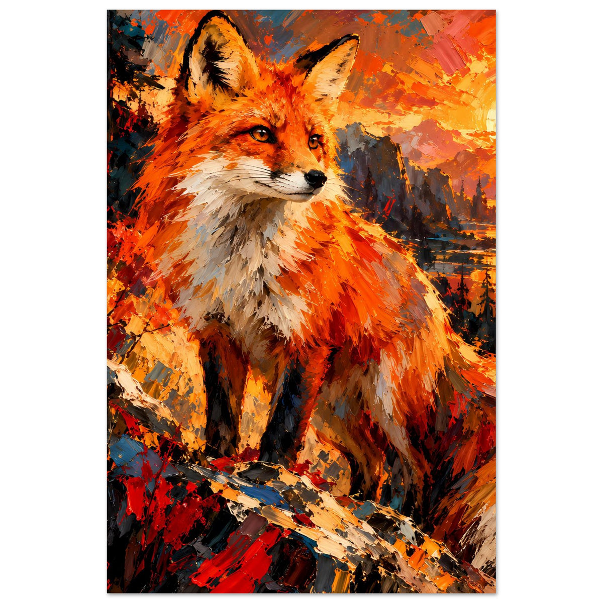 Vertikales Fuchs-Poster mit orangefarbenem Fell und ruhigem Gesichtsausdruck