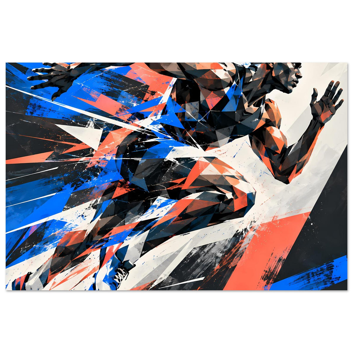Poster mit dynamischem Läufer-Motiv, horizontales Motiv: starke Farben in Blau und Orange