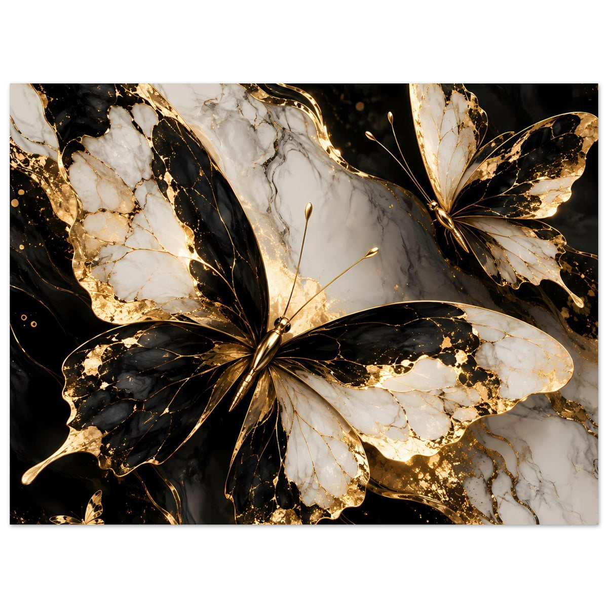 Breites Naturposter mit Schmetterlingen, Schwarz, Gold, Weiß und marmorartigen Adern