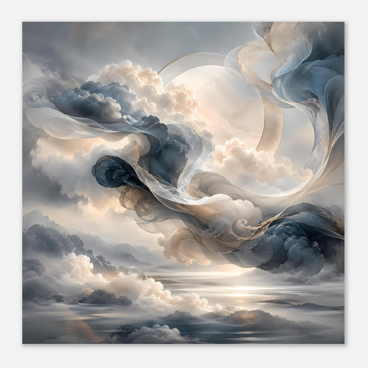 Poster mit abstrakter Wolkenlandschaft, langen weißen Schleifen und blauen Wolkenhaufen