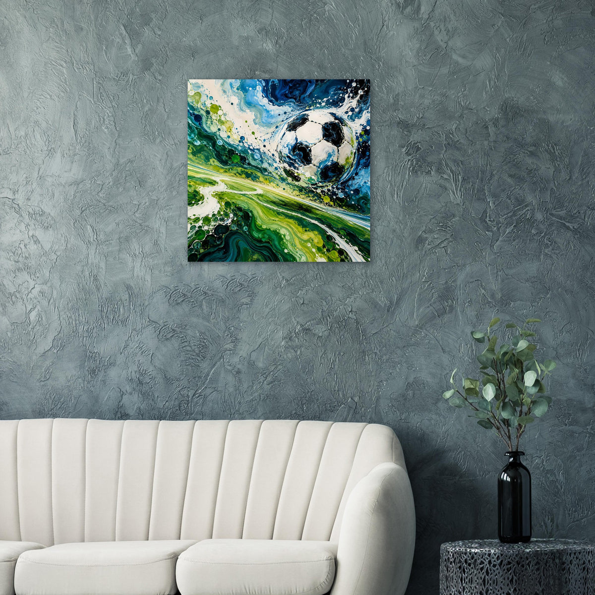 Quadratisches Fußball-Kunstposter mit abstraktem Ball in Blau und Grün