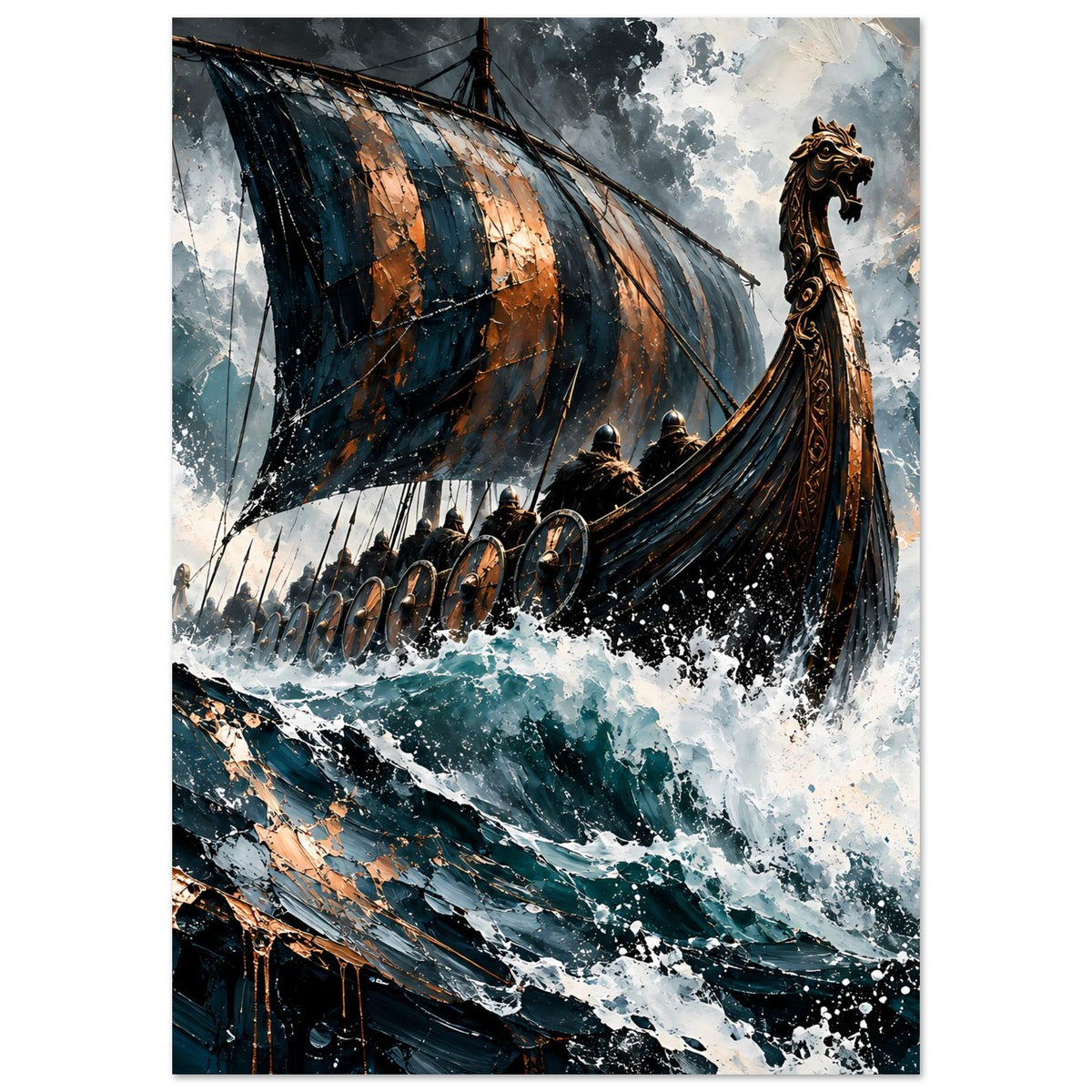 Vertikales Poster: Wikingerschiff mit Bugfigur, Segeltuch und schäumenden Wellen